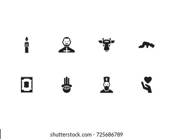 Set Of 8 Editable Dyne Icons. Includes Symbols Such As Muslim Carpet, Fire Wax, Chaplain And More. Can Be Used For Web, Mobile, UI And Infographic Design.