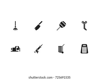 Set Of 8 Editable Equipment Icons. Includes Symbols Such As Shredder, Nippers, Harrow And More. Can Be Used For Web, Mobile, UI And Infographic Design.