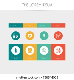 Set Of 8 Editable Exercise Icons. Includes Symbols Such As Scales, Sport Water, Pill And More. Can Be Used For Web, Mobile, UI And Infographic Design.