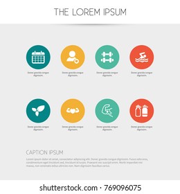 Set Of 8 Editable Fitness Icons. Includes Symbols Such As Strong Love, Muscle, Swimming And More. Can Be Used For Web, Mobile, UI And Infographic Design.