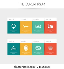 Set Of 8 Editable Holiday Icons. Includes Symbols Such As Photography, Sunbathing, Pin And More. Can Be Used For Web, Mobile, UI And Infographic Design.