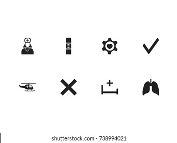 Set Of 8 Editable Hospital Icons. Includes Symbols Such As Mark, Hospital Assistant, Wound Band. Can Be Used For Web, Mobile, UI And Infographic Design.