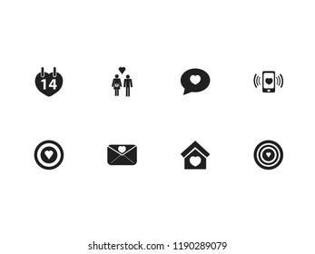Set of 8 editable love icons. Includes symbols such as lovely postcard, cupid target, lineage and more. Can be used for web, mobile, UI and infographic design.