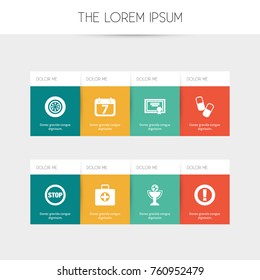 Set Of 8 Editable Mixed Icons. Includes Symbols Such As First Aid Box, Stop, Date Block And More. Can Be Used For Web, Mobile, UI And Infographic Design.