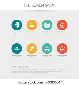 Set Of 8 Editable Motel Icons. Includes Symbols Such As Transport Car, Bedroom, Phone And More. Can Be Used For Web, Mobile, UI And Infographic Design.