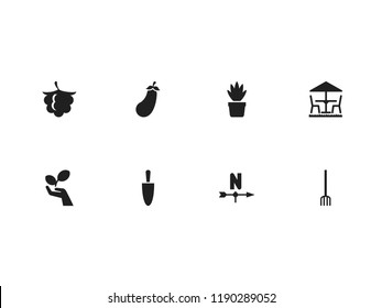 Set of 8 editable planting icons. Includes symbols such as eggplant, wind cone, raspberry and more. Can be used for web, mobile, UI and infographic design.