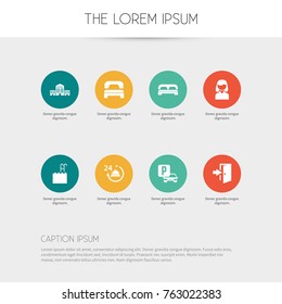 Set Of 8 Editable Plaza Icons. Includes Symbols Such As Townhouse, Pool, Entry And More. Can Be Used For Web, Mobile, UI And Infographic Design.