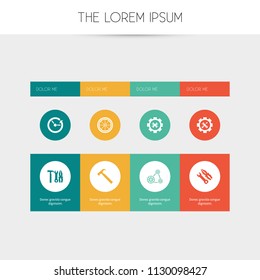 Set of 8 editable service icons. Includes symbols such as clock, wheel, tools and more. Can be used for web, mobile, UI and infographic design.