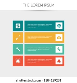 Set of 8 editable service icons. Includes symbols such as hammer, cogwheel, warning and more. Can be used for web, mobile, UI and infographic design.