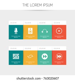 Set Of 8 Editable Song Icons. Includes Symbols Such As Mixing, Ahead, Media Interview And More. Can Be Used For Web, Mobile, UI And Infographic Design.