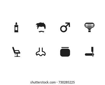 Set Of 8 Editable Tonsorial Artist Icons. Includes Symbols Such As Man Sign, Cream Box, Stubble And More. Can Be Used For Web, Mobile, UI And Infographic Design.