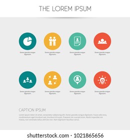Set of 8 editable trade icons. Includes symbols such as team, circle diagram, cv and more. Can be used for web, mobile, UI and infographic design.