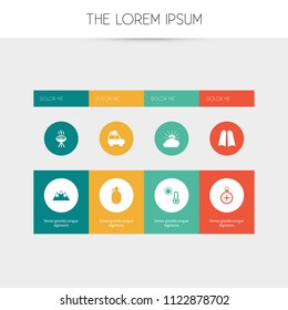 Set of 8 editable travel icons. Includes symbols such as sunset, peak, thermometer and more. Can be used for web, mobile, UI and infographic design.