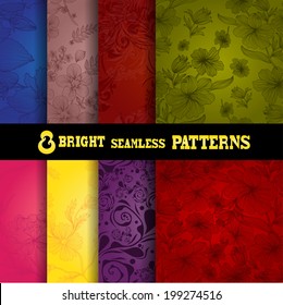 Set of 8 elegant bright seamless patterns with hand drawn decorative flowers, design elements. Floral patterns for wedding invitations, greeting cards, scrapbooking, print, gift wrap, manufacturing.
