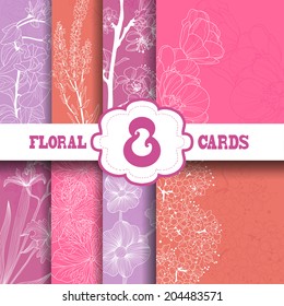 Set of 8 elegant floral cards with hand drawn decorative flowers, design elements. Can be used for wedding invitations, greeting cards, baby shower.