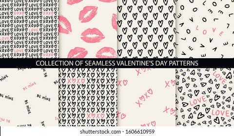 Set of 8 elegant seamless patterns with hand drawn decorative hearts, design elements. Romantic patterns for wedding invitations, greeting cards, scrapbooking, print, gift wrap. Valentines day