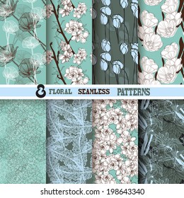 Set of 8 elegant seamless patterns with hand drawn decorative flowers, design elements. Floral patterns for wedding invitations, greeting cards, scrapbooking, print, gift wrap, manufacturing.