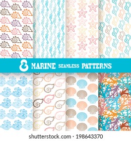 Set of 8 elegant seamless patterns with seashells, seahorses, starfishes, corals and waves, design elements. Patterns for summer and vacation invitations, greeting cards, scrapbooking, print,gift wrap