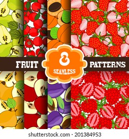 Set of 8 elegant seamless patterns with decorative fruits, design elements. Fruit patterns for invitations, greeting cards, scrapbooking, print, gift wrap, manufacturing. Food backgrounds