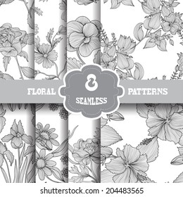 Set of 8 elegant seamless patterns with hand drawn decorative flowers, design elements. Floral patterns for wedding invitations, greeting cards, scrapbooking, print, gift wrap, manufacturing.