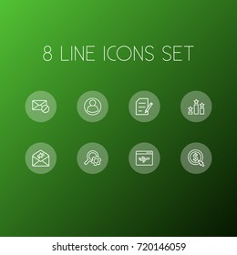 Set Of 8 Engine Outline Icons Set.Collection Of Search, Landing Page, Copyright Elements.