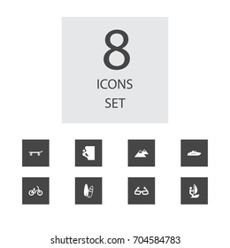 Set Of 8 Entertainment Icons Set.Collection Of Education, Peak, Skateboard And Other Elements.
