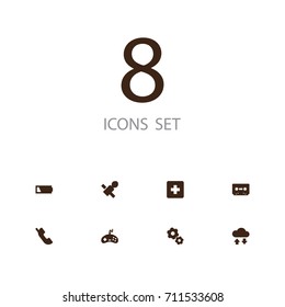 Set Of 8 Entertainment Icons Set.Collection Of Low Battery, Tape, Plus And Other Elements.