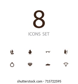 Set Of 8 Entertainment Icons Set.Collection Of Surfing, Jewellery, Diamond And Other Elements.