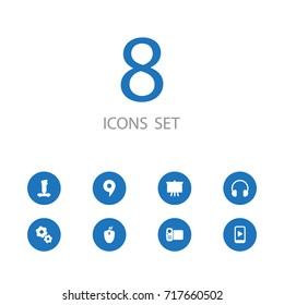 Set Of 8 Entertainment Icons Set.Collection Of Controller, Gear, Earphone And Other Elements.