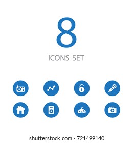 Set Of 8 Entertainment Icons Set.Collection Of Microphone, Tuner, Joystick And Other Elements.