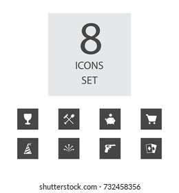 Set Of 8 Entertainment Icons Set.Collection Of Firework, Pistol, Moneybox And Other Elements.