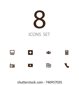 Set Of 8 Entertainment Icons Set.Collection Of Auditorium, Newspaper, Calculate And Other Elements.