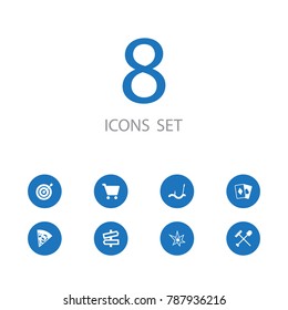 Set Of 8 Entertainment Icons Set.Collection Of Dart, Tool, Pizzeria And Other Elements.