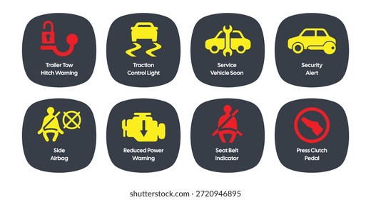 Conjunto de 8 iconos esenciales de luz de advertencia del tablero de instrumentos del coche con indicadores de seguridad automotriz rojo y amarillo - Vector de Profesional Imagen de stock