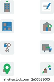 Un conjunto de 8 iconos esenciales para comprar, vender y administrar propiedades.