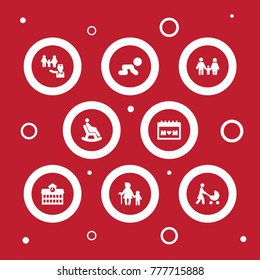 Set Of 8 Family Icons Set.Collection Of Rocking Chair, Relatives, Creep Baby And Other Elements.
