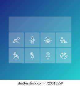 Set Of 8 Family Outline Icons Set.Collection Of Crawling Kid, Playing, Parents And Other Elements.