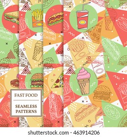 Set of 8 fast food seamless patterns. Geometric elements memphis cards. Texture, pattern and geometric elements. Elements on the theme of the restaurant business. 
