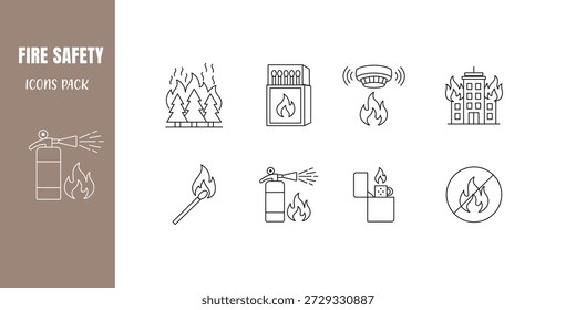 Conjunto de 8 ícones de segurança contra incêndio e de linha de perigo em um estilo de contorno limpo. Inclui fogo selvagem, edifício em chamas, caixa de fósforos, detector de fumaça, fósforo, extintor de incêndio, isqueiro e nenhum símbolo de fogo. Ideal para emer