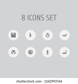 Set of 8 fitness icons set. Collection of water bottle, running track, stopwatch and other elements.