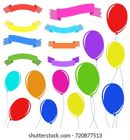 A set of 8 flat colored insulated banner ribbons and 11 balloons on ropes. Suitable for design.