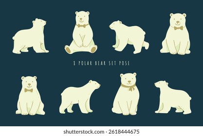 Set of 8 flat design polar bear poses. Cute arctic animal characters for winter.