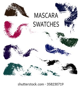 Set of 8 flat mascara swatches. Brush strokes of different shades of real mascara. Colorful swirls isolated on white background.