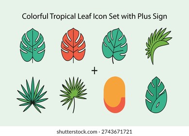 Set of 8 flat plant icons in green, red, and orange. Features monstera, palm, and spiked leaves separated by a plus sign.