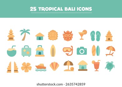 Conjunto de 8 ícones de férias tropicais planas, incluindo cabana, coco, templo, prancha de surf, palmeira, máscara, mala e bangalô. Perfeito para projetos de férias, praia ou com temática de ilha.
