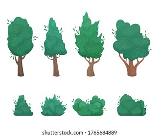 Set of 8 flat vector trees and bush in cartoon style. A set for creating your own design.