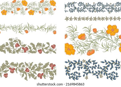 A set of 8 floral vector seamless borders.