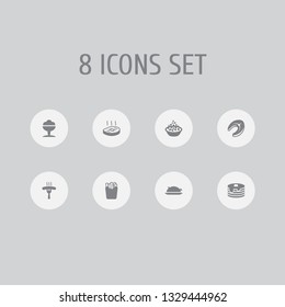 Set of 8 food icons set. Collection of sausage, ice cream, grilled and other elements.