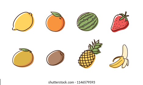 Set of 8 fruit doodles with watercolor style. Vector hand drawn icon illustrations