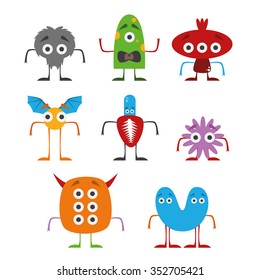 Set of 8 funny monsters vector illustration in white background. Isolated.